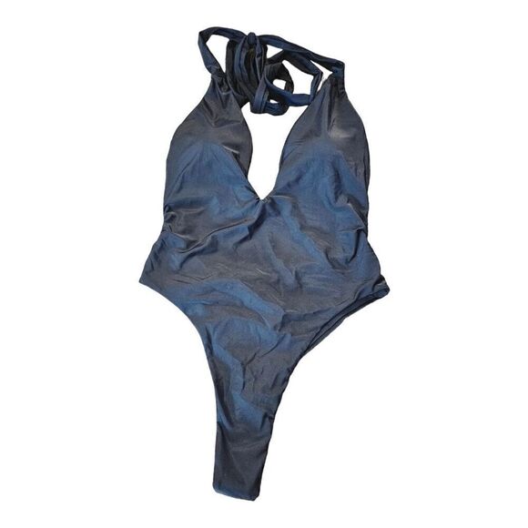 Lilosy Womens Black Halter Deep V-Neck Wrap Tie Waist One-Piece Swimsuit Size L - Picture 12 of 14